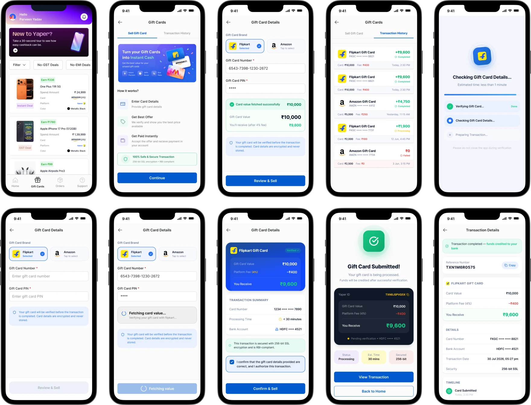 Ten key screens of the Sell Gift Card flow, from the home entry point to transaction details