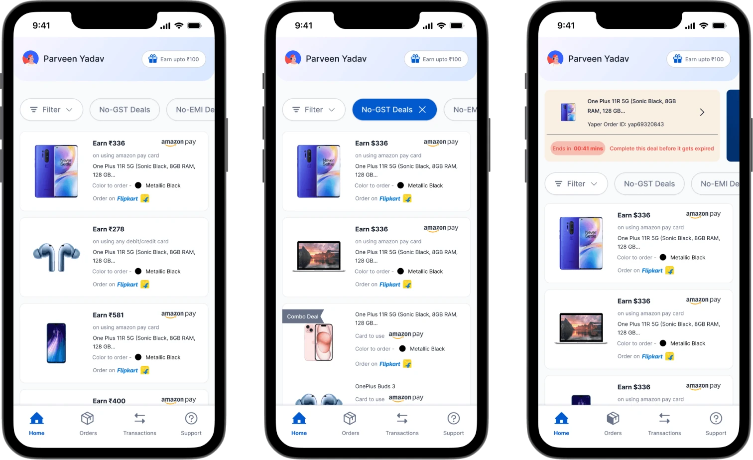 Three redesigned home screens with filters, deal cards showing earnings, and an active deal banner
