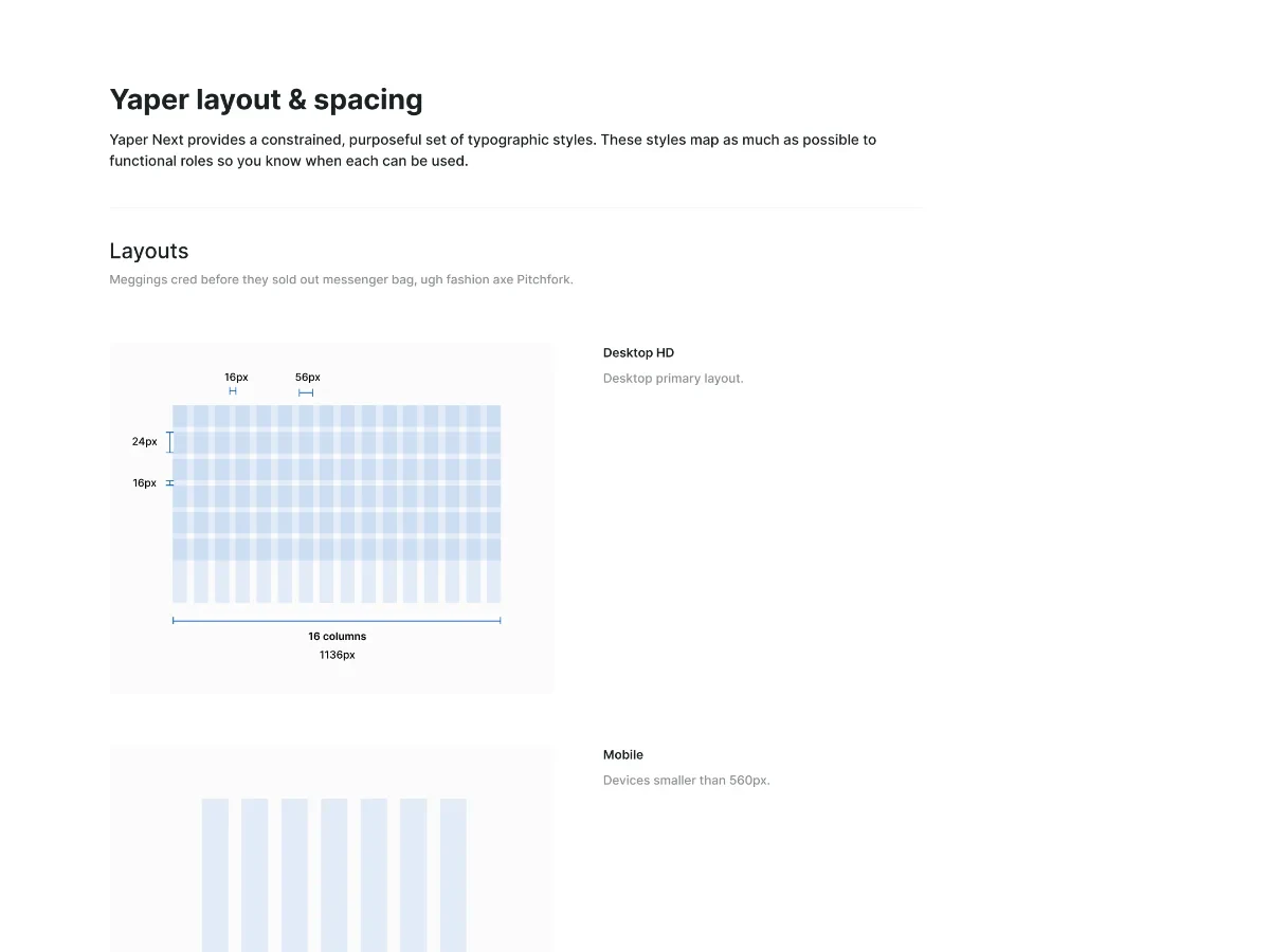 Yaper layout and spacing: 8px grid, columns, spacing scale and corner radius