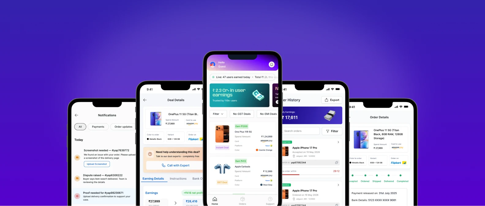 Five redesigned Yaper screens: notifications, deal details, guest home, order history and order details