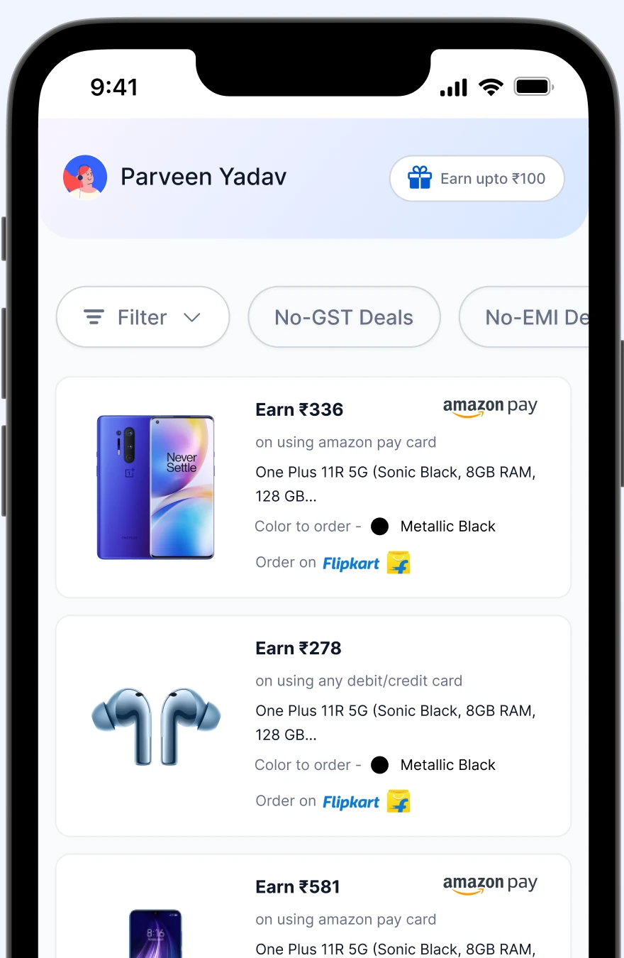 Earlier home screen with deal cards