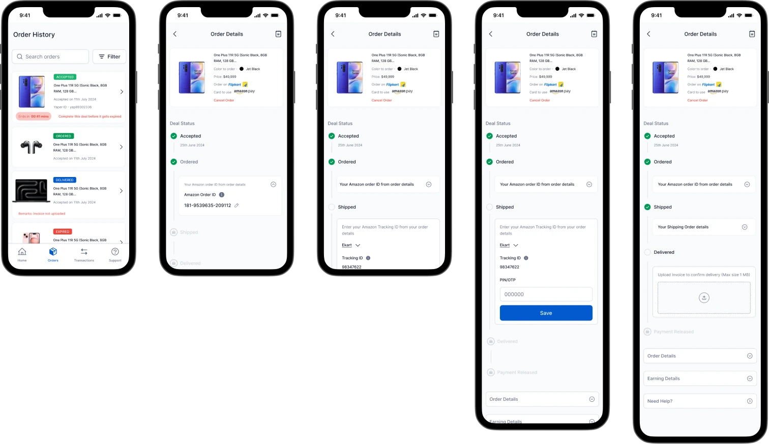 New order history and order details screens with a deal status timeline: accepted, ordered, shipped, delivered, payment released