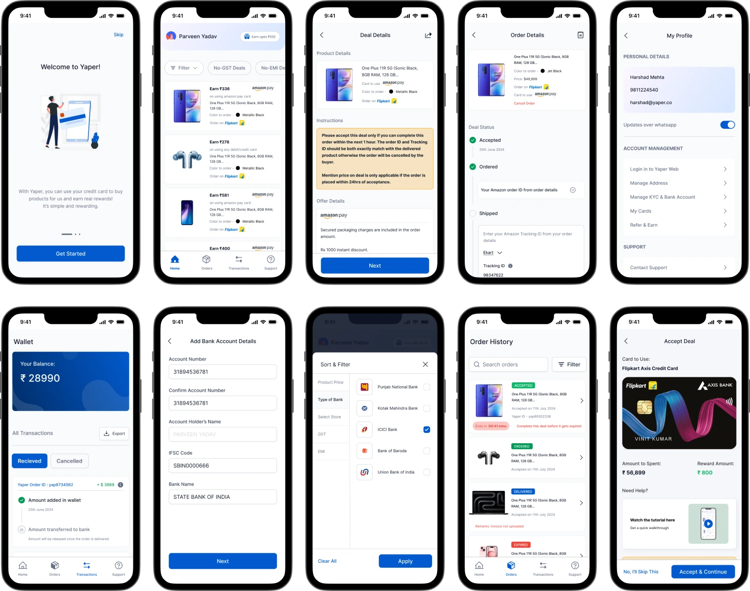 Ten screens from the redesigned app: welcome, home with deals, deal details, order details, profile, wallet, bank details, filters, order history and accept deal
