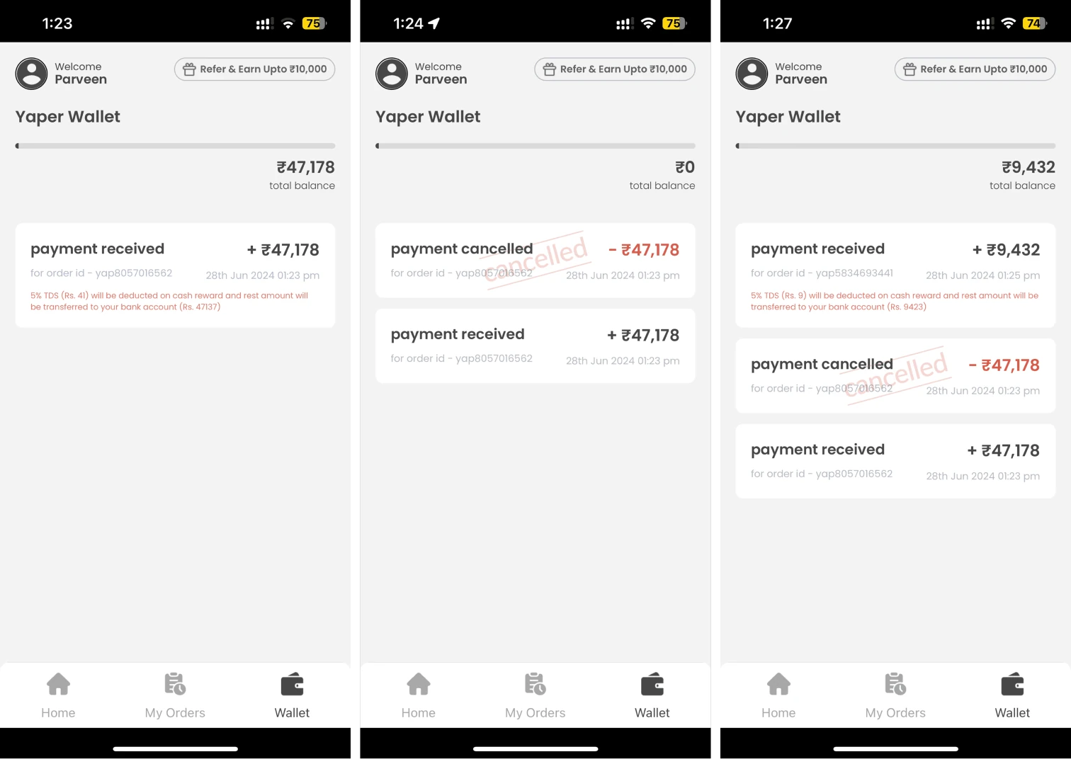 Old Yaper Wallet screens: a total balance with payment received and cancelled entries mixed in one list