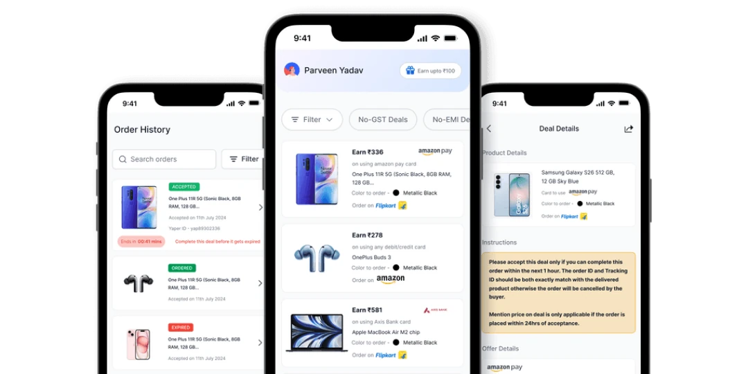 Three redesigned Yaper screens: order history, the home screen with deals, and deal details with instructions