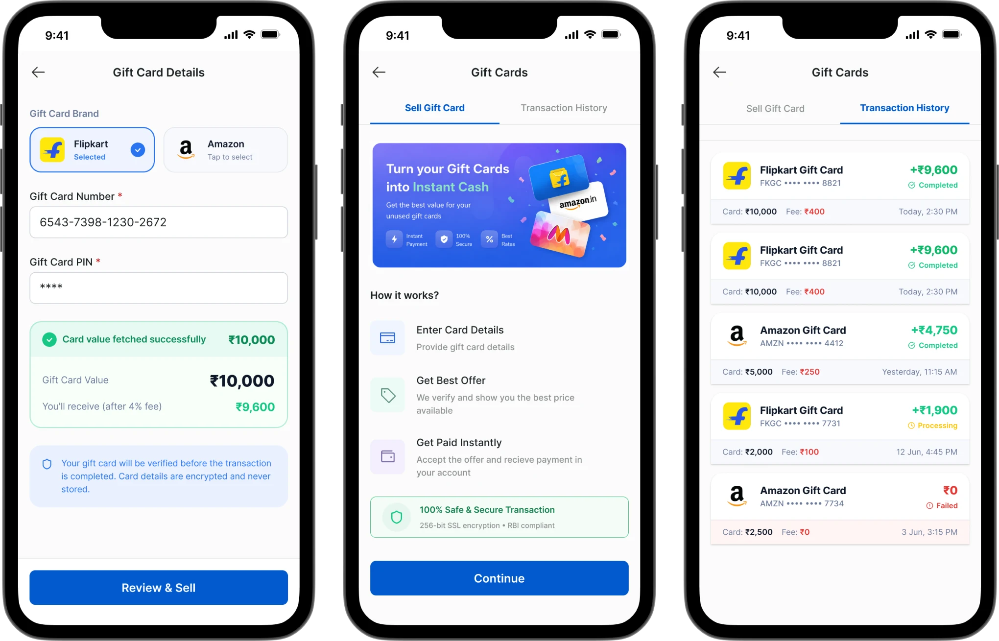 Three Gift Cards screens: gift card details with the fetched value, the sell landing screen, and transaction history