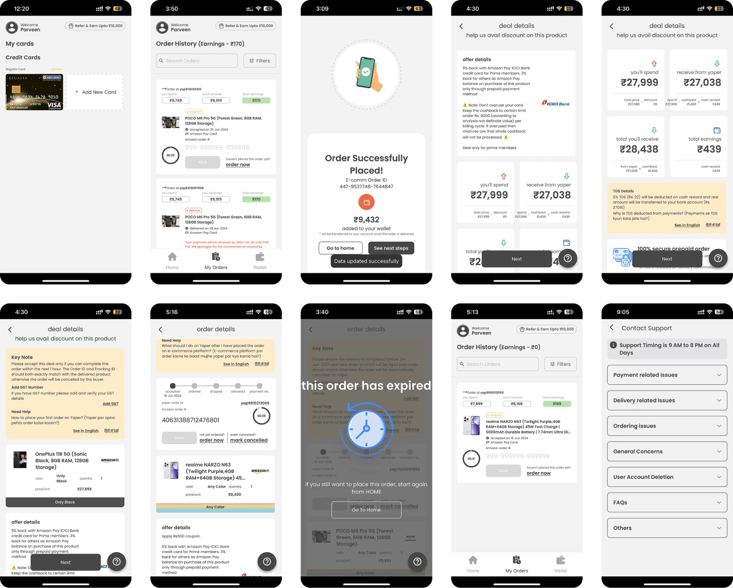 Ten screens from the old Yaper app: cards, order history, order placed, deal details, support