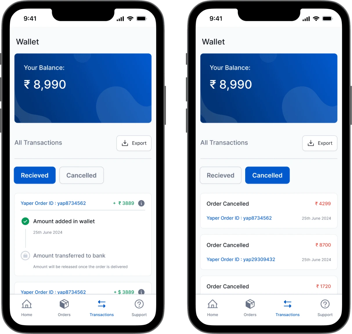 New wallet screens with Received and Cancelled tabs, and a timeline from amount added in wallet to amount transferred to bank