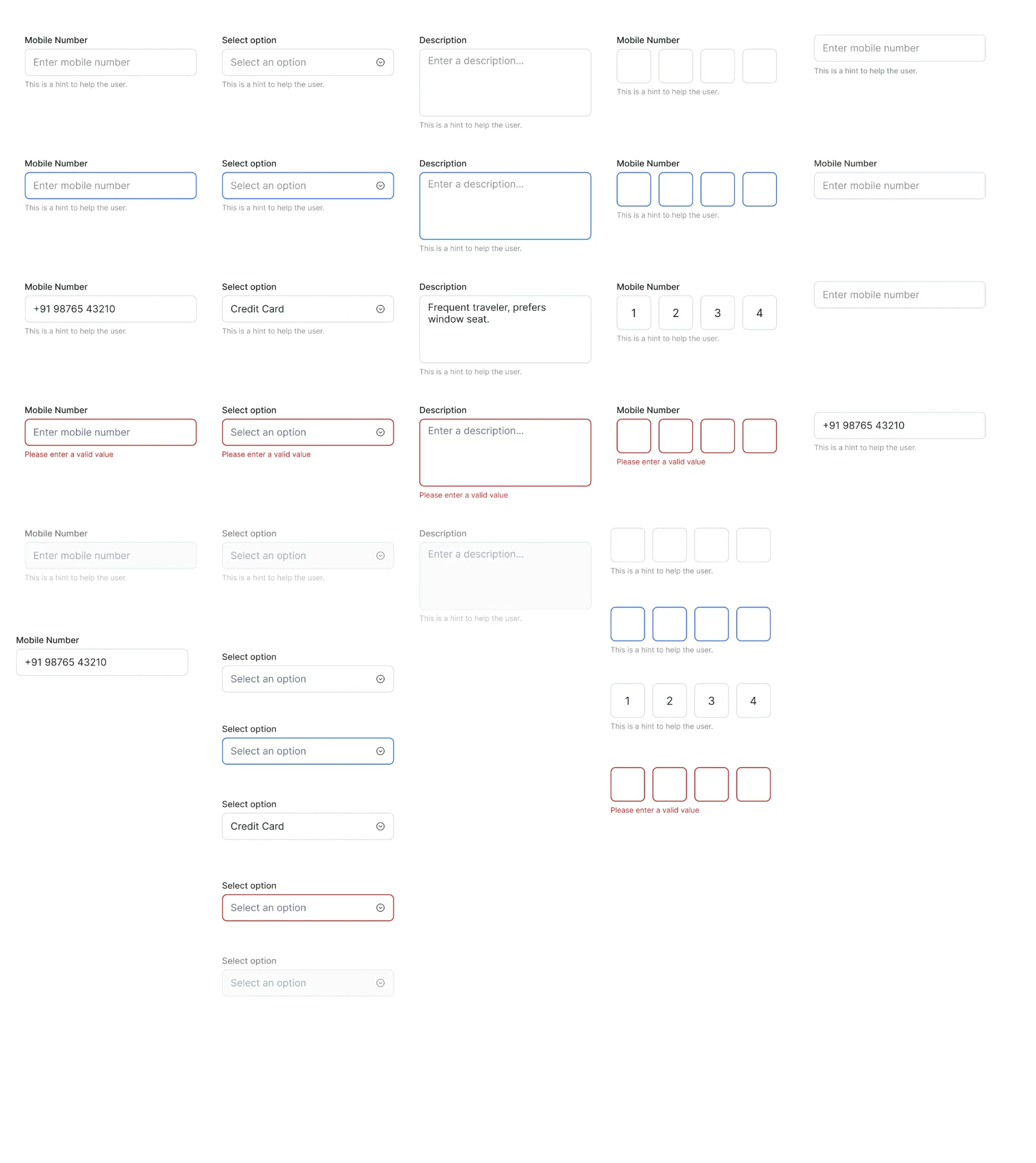 Input Field: 22 variants across states, configurations and OTP
