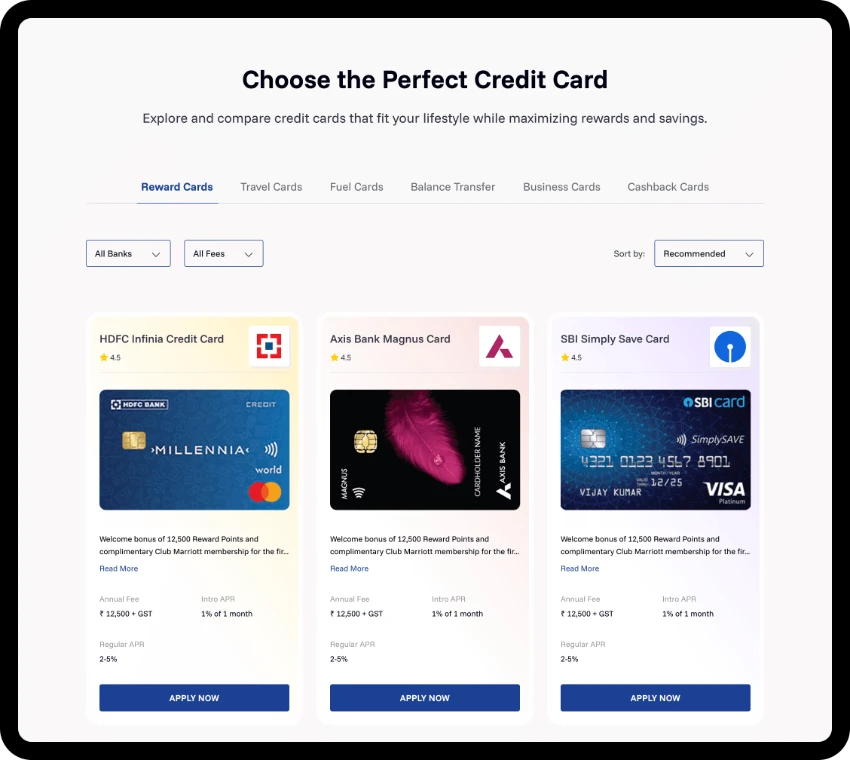 Web screen: Compare credit cards