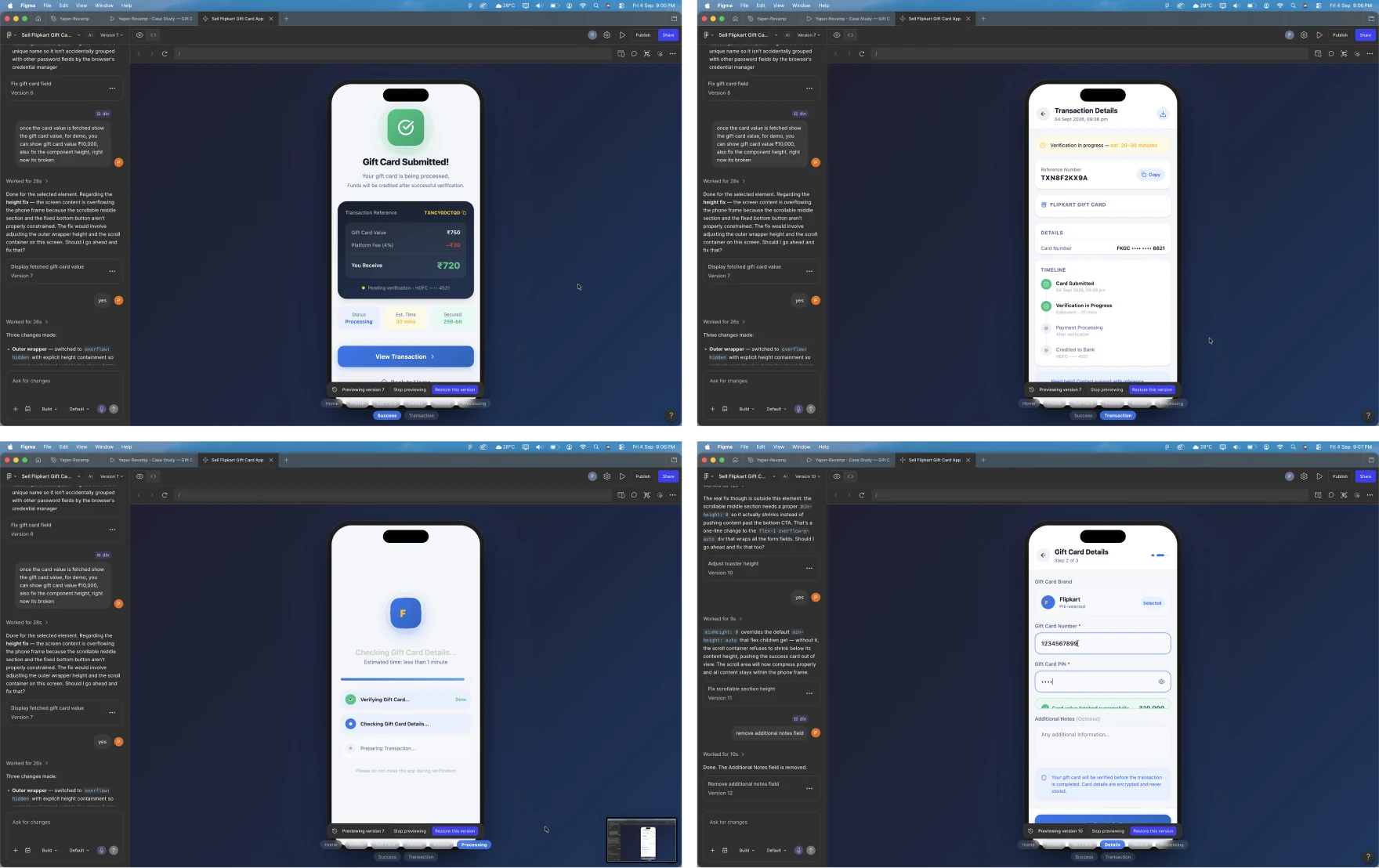 Four Figma Make sessions showing the rough clickable flow: submitted, transaction details, checking and card details