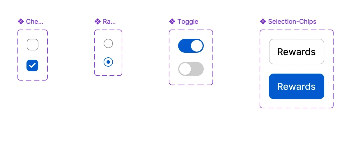 Selection controls: checkbox, radio, toggle and selection chips